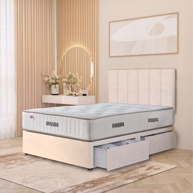 Somnior Beds Ltd Austin Plush Velvet Orthopaedic Divan Bed Set with Hybrid Mattress, Headboard and Drawers, Beige, W/D/H: 90 x 200 cm