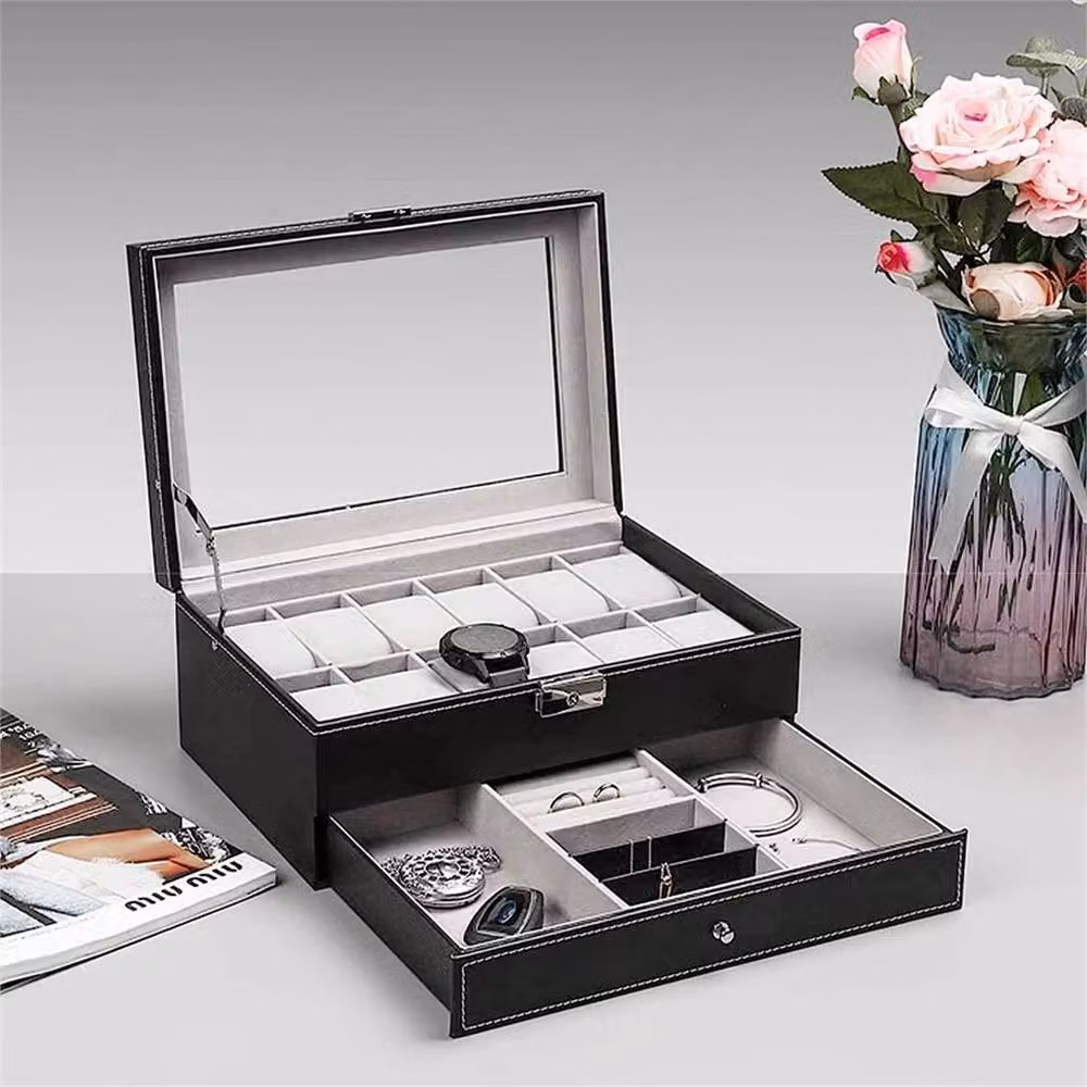 VOGREX Black Leather Watch Box with 12 Grids and Transparent Glass Display Lid – 6