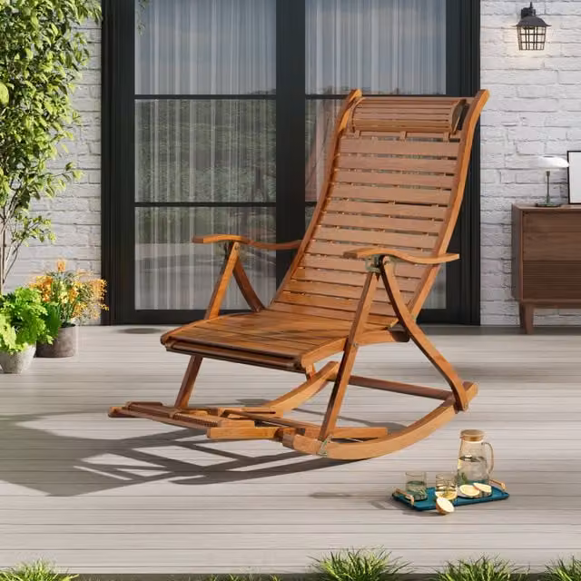 Breeins Bamboo Rattan Rocking Chair with Adjustable Backrest and Armrests, Brown