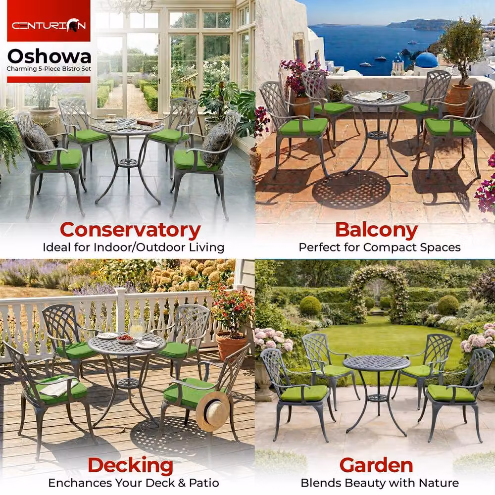 Centurion Supports OSHOWA 5-Piece Cast Aluminium Bistro Set with Round Table, 4 High-Back Armchairs and Green Cushions in Grey – 3