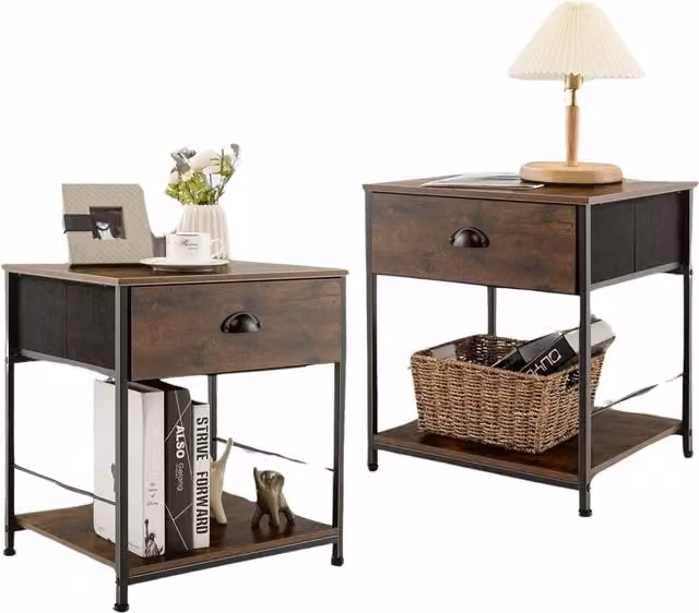 Pirlo Plush Industrial Bedside Tables with Drawer in Brown
