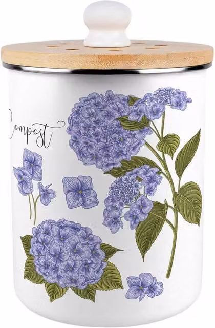 Purely Home Purple Hydrangea Metal Kitchen Compost Caddy with Flip Lid, 2L