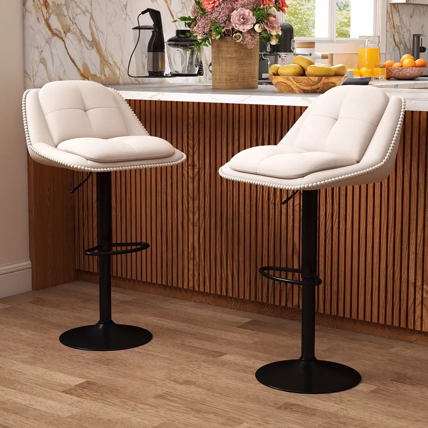 Gymax 2-Pack Modern Adjustable Chenille Upholstered Bar Stools in Beige with Swivel Metal Frame – 4