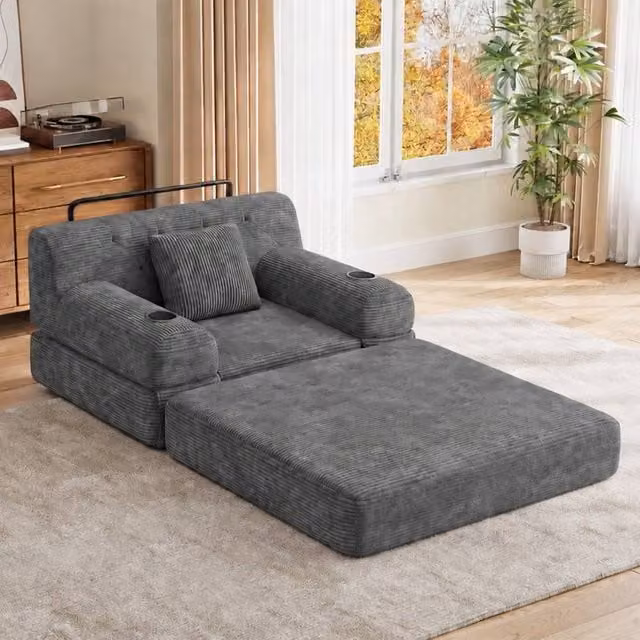 Rolipo Grey Corduroy 1-Seater Sleeper Sofa Chair with Cup Holders – 1