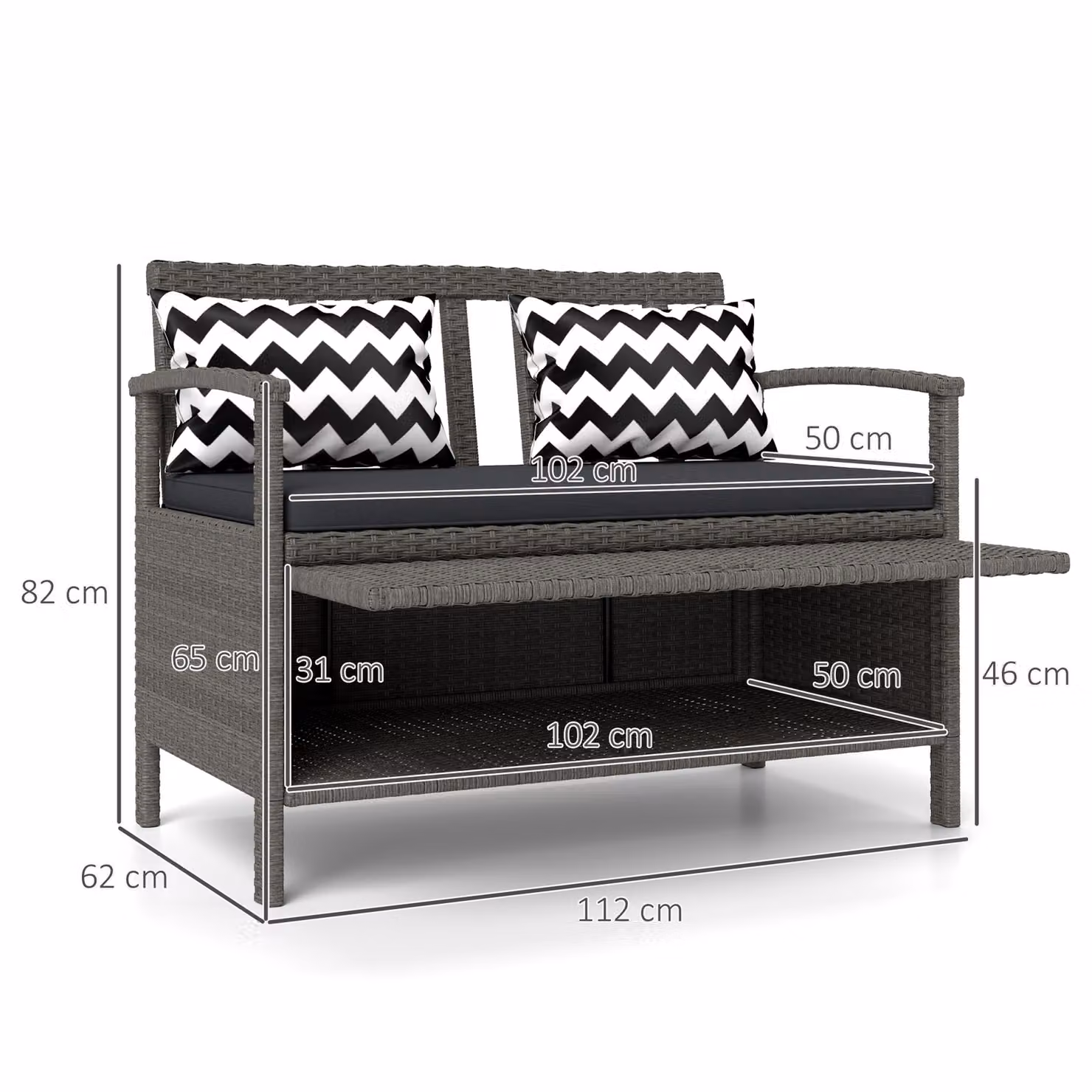 Outsunny 160L Grey Rattan Two-Seater Storage Bench – 3
