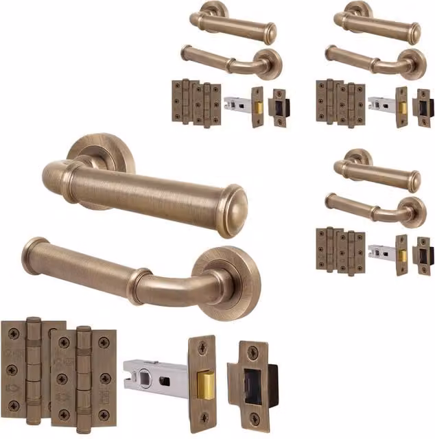 AFIT Antique Brass Door Handle Latch Set with Hinges, 4 Pack, Bronze
