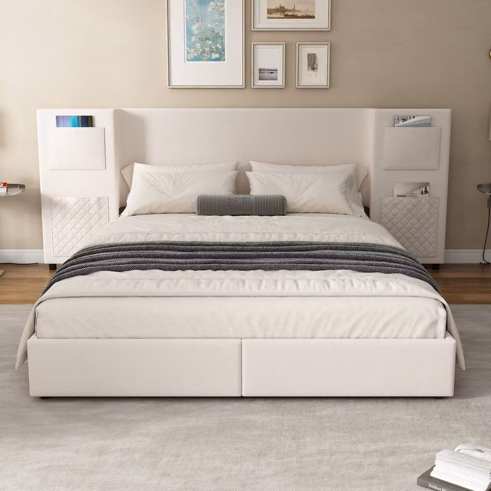 Rolipo Beige Velvet Storage Bed with 2 Drawers W/D/H: 135 x 190 x 87.5 cm – 2