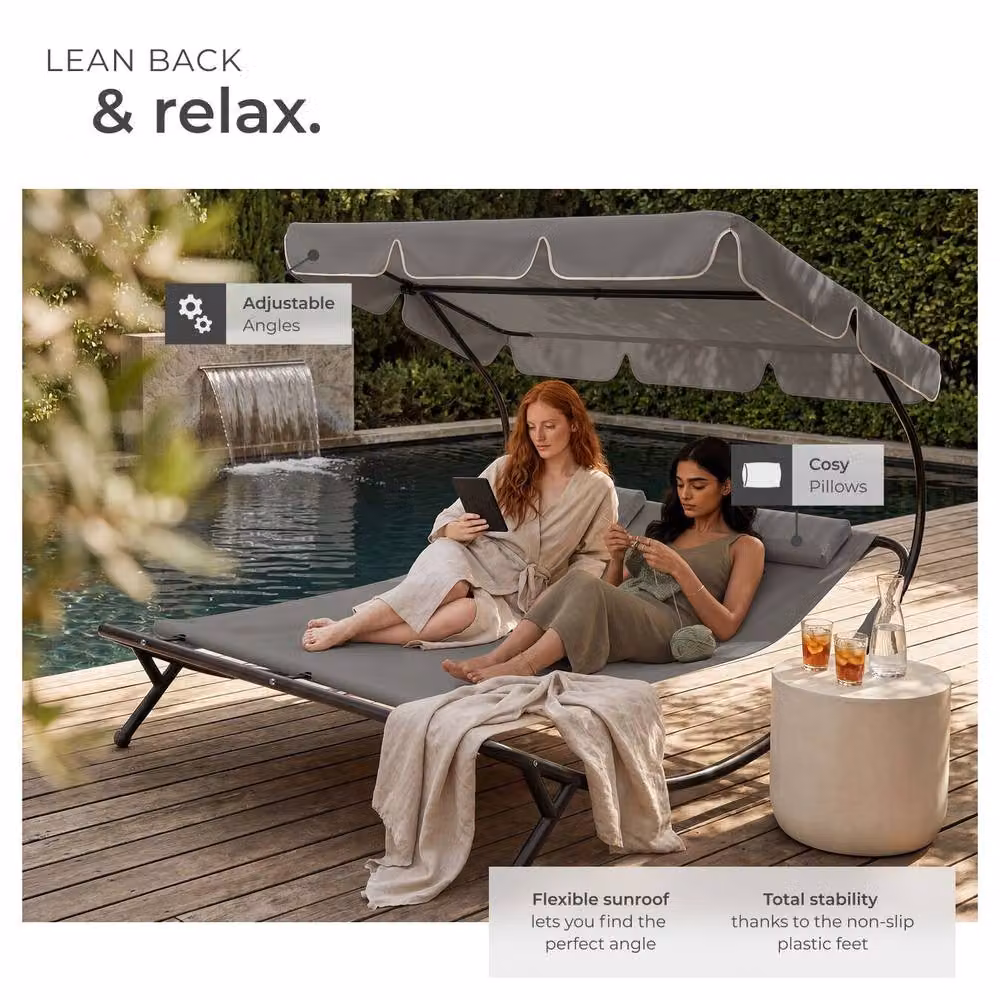 tectake Livorno 2 Seater Sun Lounger with Sun Canopy in Grey and Multicolour – 3