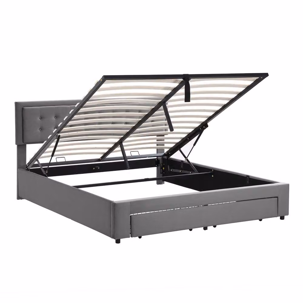 BTM Grey Velvet Upholstered King Size Bed with Lift Up Storage and Headboard W/D/H: 150 x 200 x 156 cm – 4