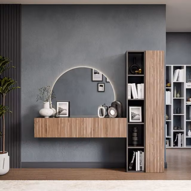 Decorotika Zurich Modern Wall Mounted Entertainment Center in Black and Brown with Alina Pattern