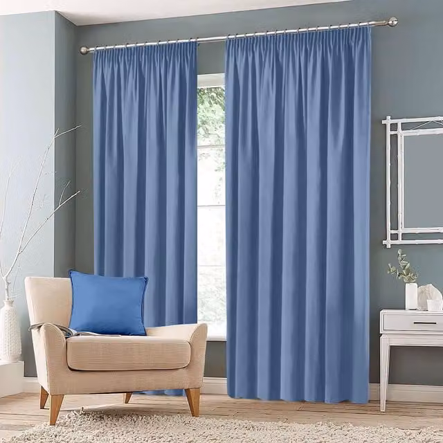 Roseley Plain Blue Blackout Fabric Panel Pencil Pleat Curtains