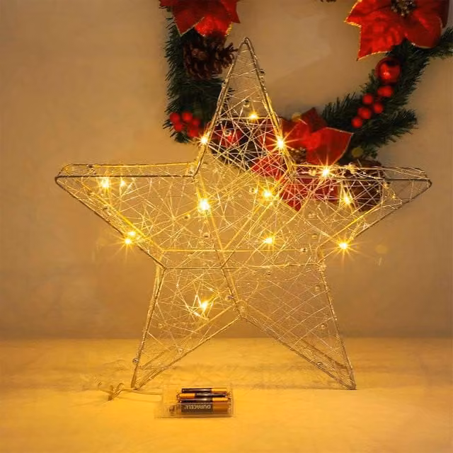 Voltico Silver Metal Wireframe Star Light Decoration with Warm White LED, Battery Operated