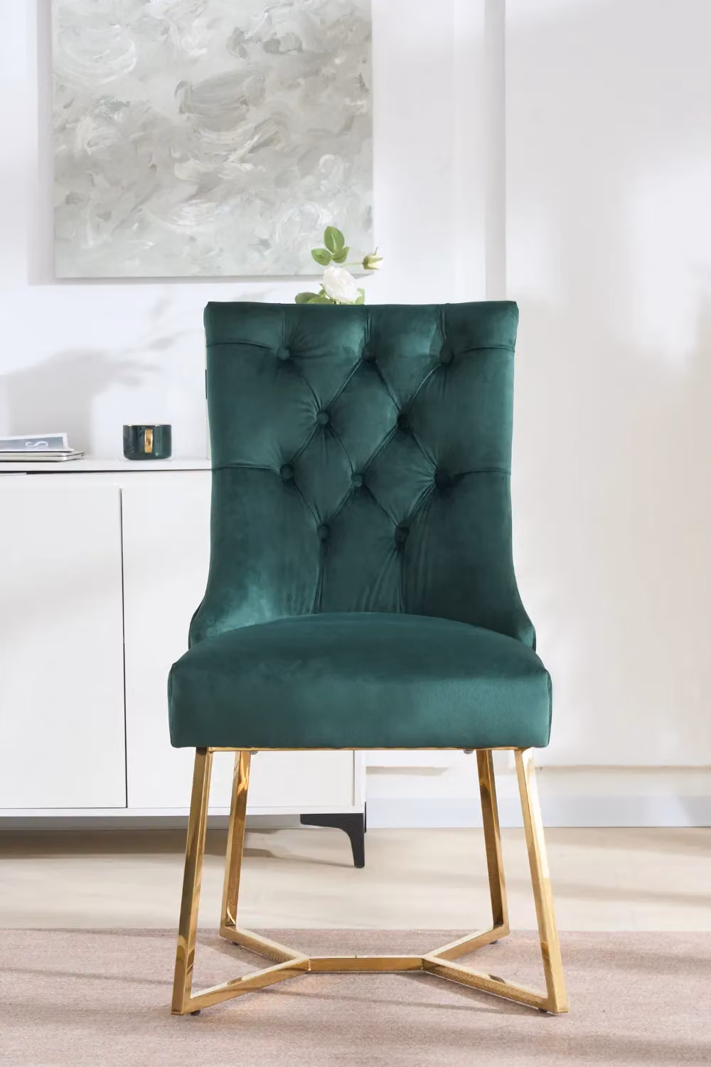 Life Interiors Ambra Modern Velvet Dining Chair with Gold Legs and Tufted Back in Green – 2