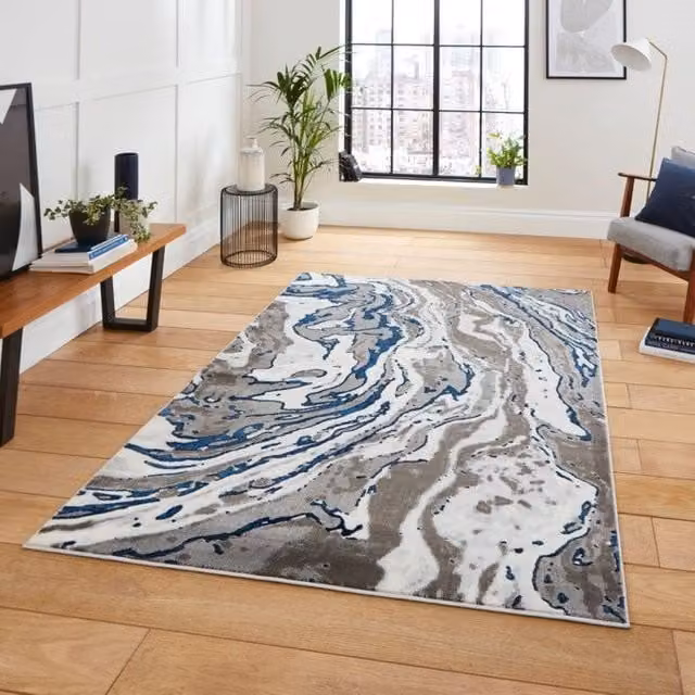 Terrys Modern Abstract Machine Woven Rectangular Rug in Grey and Blue