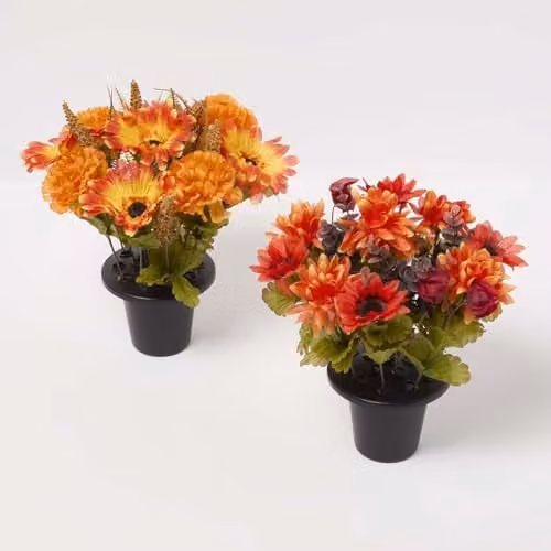 Homescapes Set of 2 Mixed Artificial Autumnal Flowers in Pots, Red, Yellow and Orange – 1