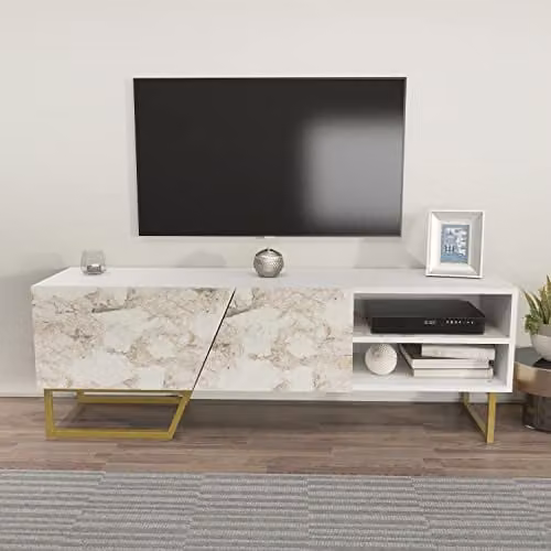 DECOROTIKA Densasse TV Stand for TVs up to 60 inch, White and Gold Modern TV Unit with Shelves and Cabinets, W/D/H: 150 x 35 x 50.5 cm