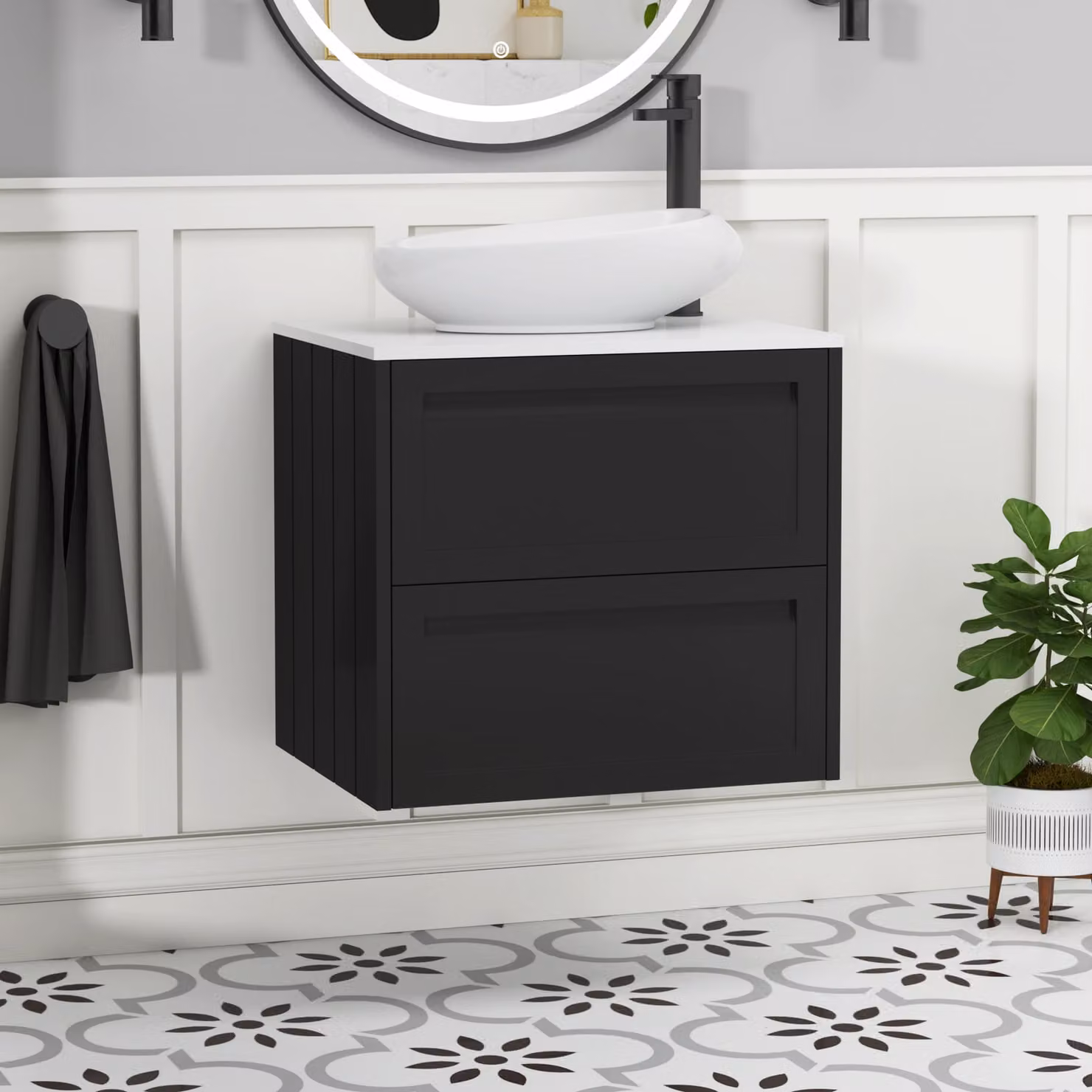 Royal Bathrooms Elmore 600mm Wall Hung Vanity Unit in Matt Nocturne Black with 2 Drawers and Plain White Nova Basin