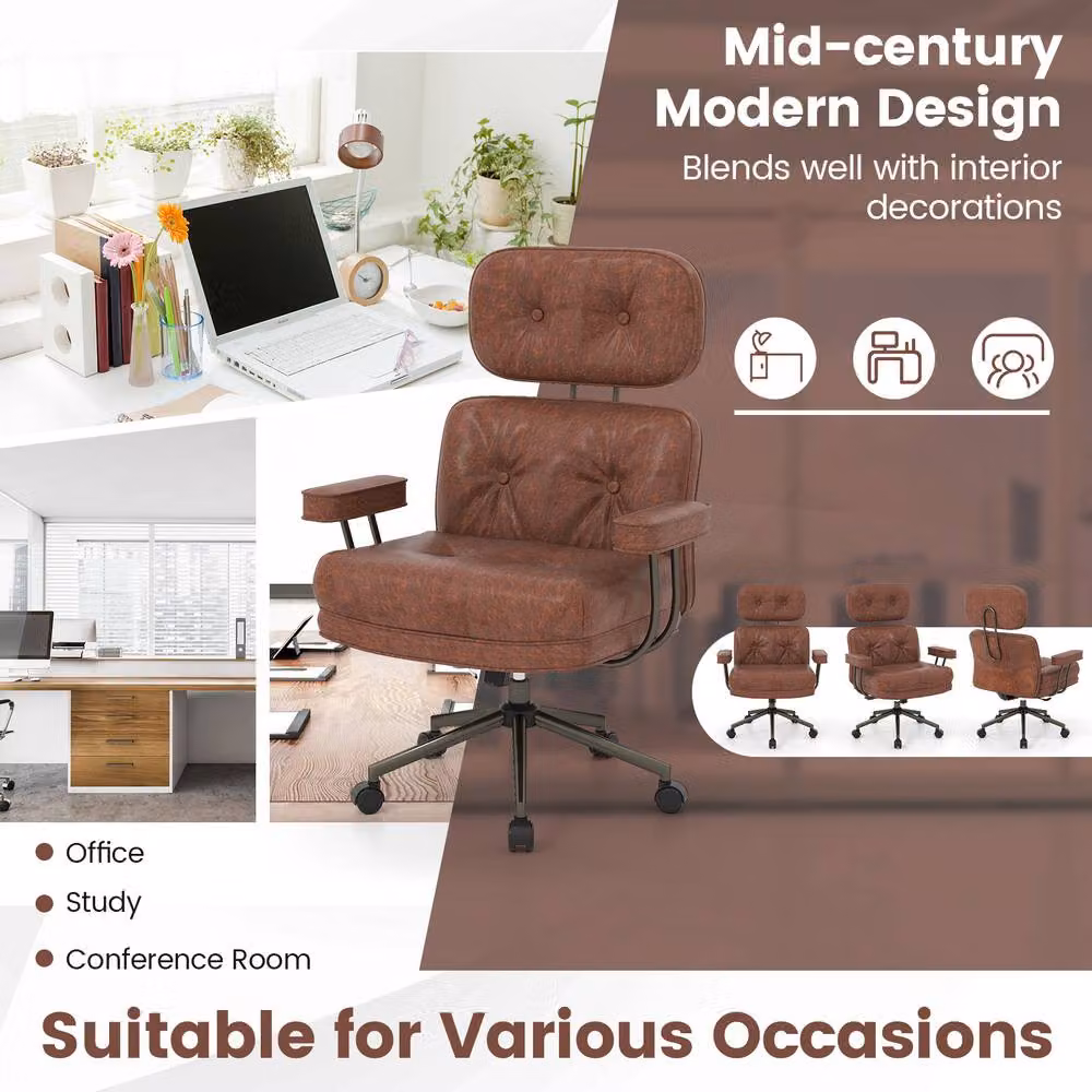 Gymax Brown Suede Fabric Home Office Task Chair with Headrest, Armrests and Swivel Castors – 3