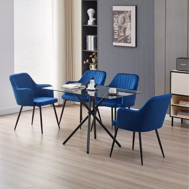 Madefor.living Miami Rectangular Glass Dining Table with 4 Blue Charlotte Velvet Chairs