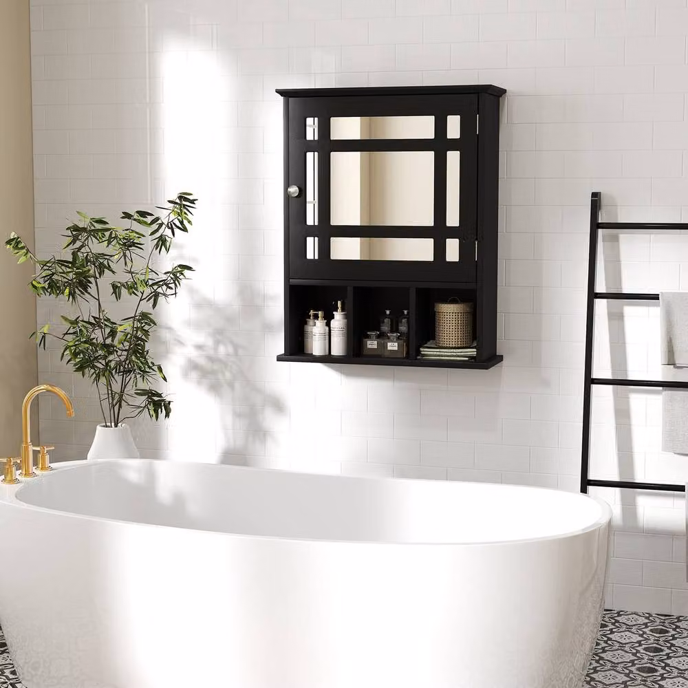 Gymax Wall-Mounted Black Bathroom Storage Cabinet with Mirror Doors and Internal Shelves – 5