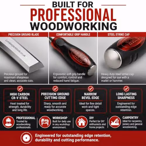 Lumberjack 4-Piece Red Bevel Edge Wood Chisel Set with Chrome Vanadium and Stainless Steel Strike Caps – 4
