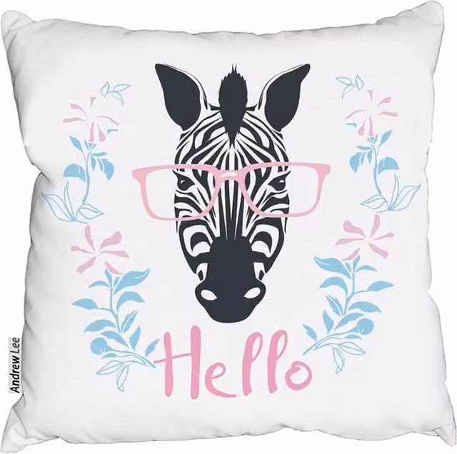 Hello Zebra Square Cushion by Andrew Lee in Pink and White, W: 60 cm x H: 60 cm