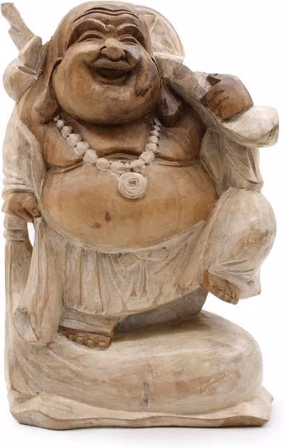 KDMD Happy Buddha Ethnic Tabletop Ornament in Whitewash Brown Wood, Height: 30 cm