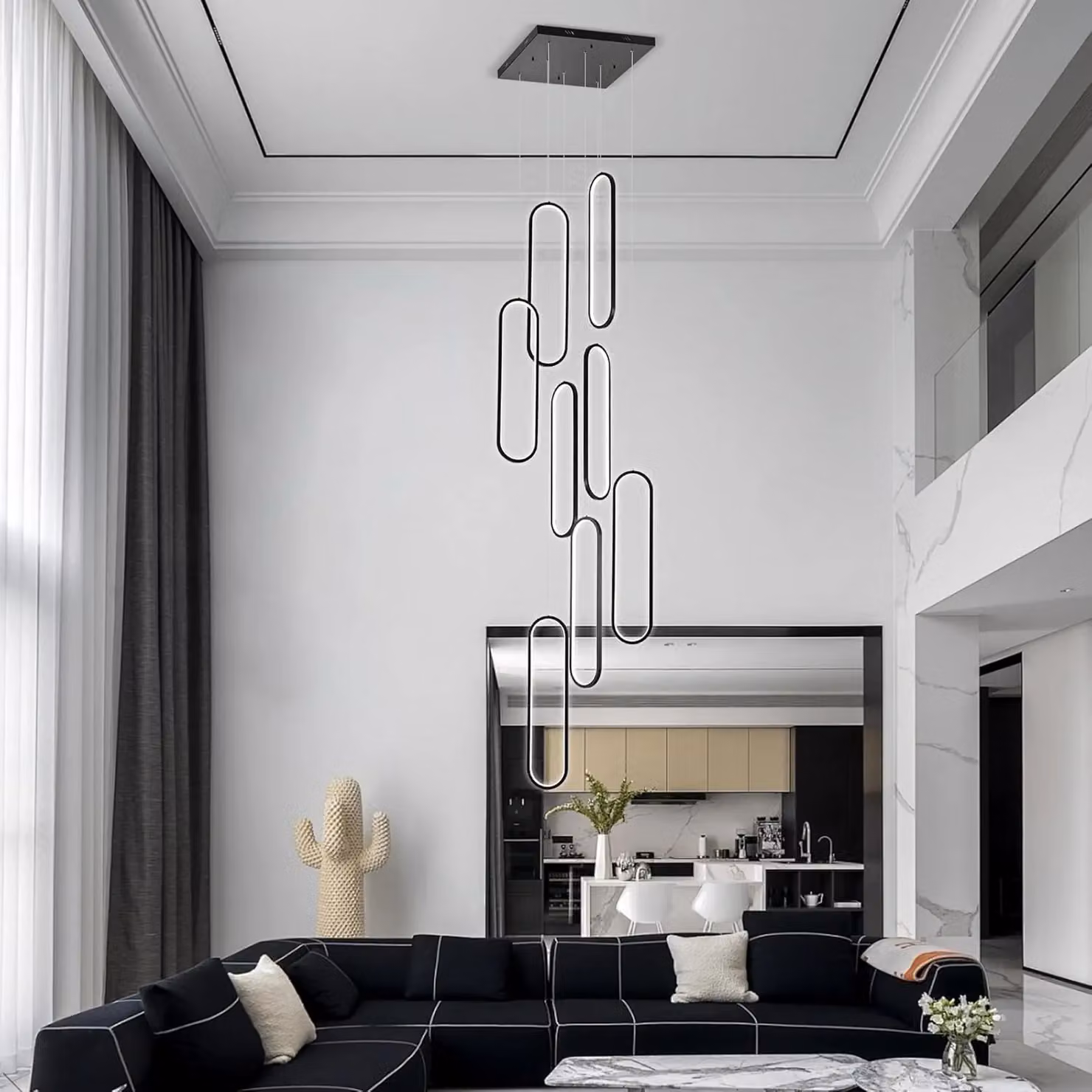 Garwarm Black Dimmable LED Staircase Chandelier with Remote Control and Height Adjustable Pendant Light – 4