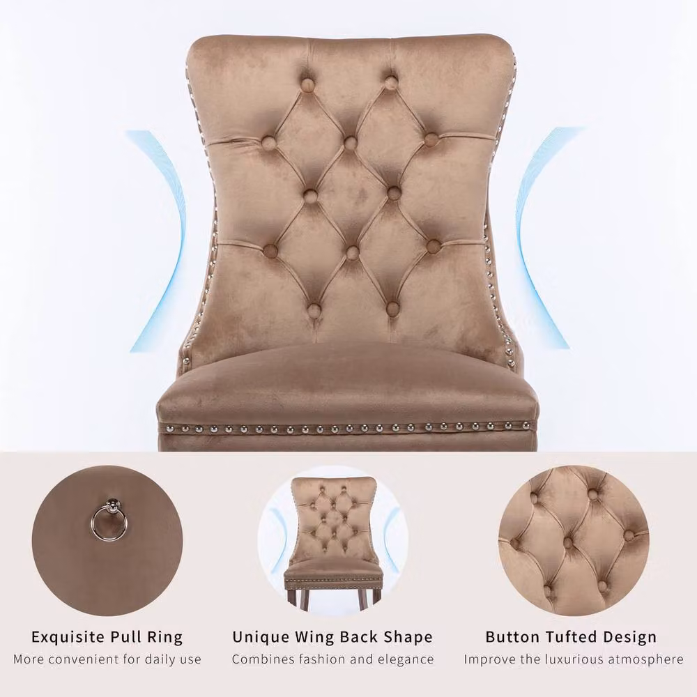 Modern Home Touch Romsey Set of 4 Brown Velvet Upholstered Dining Chairs with Oak Legs and Knocker Ring Back – 3