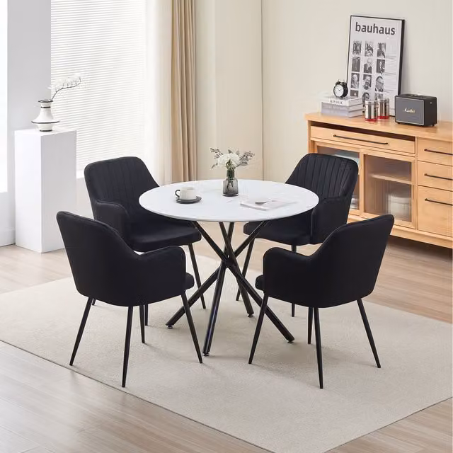 Madefor.living Seattle Round Dining Table and 4 Charlotte Velvet Chairs in Black and White