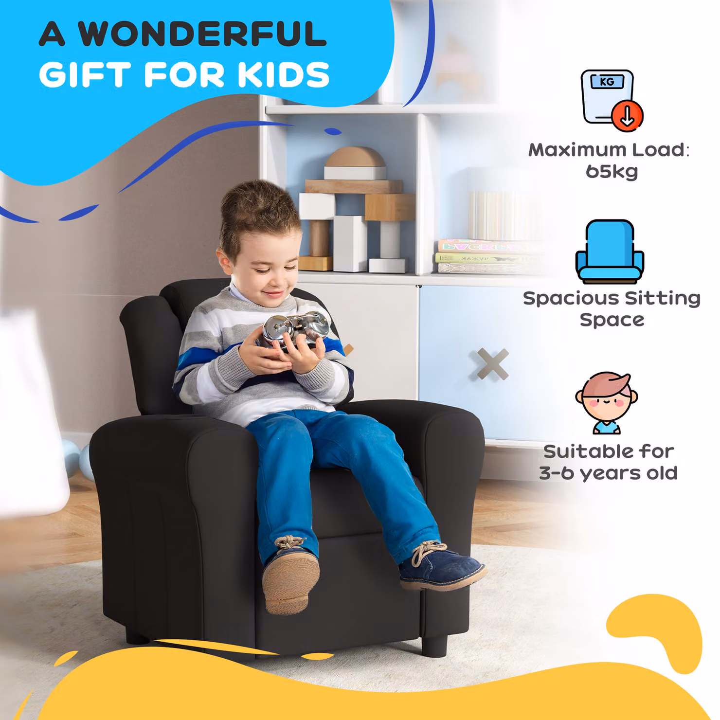 HOMCOM Kids Recliner Armchair in Black PU Leather with Adjustable Backrest and Footrest – 7