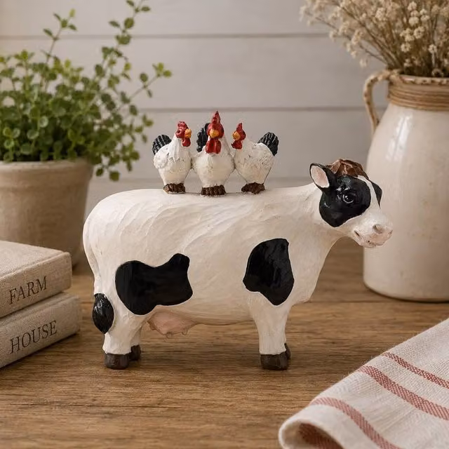 Country Living Rustic Resin Chicken and Cow Standing Tabletop Ornament in White and Black
