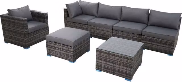 Furniture One 7 Piece Grey Polyrattan L-Shape Garden Sofa Set with Upholstered Cushions