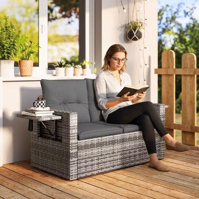 Outsunny Modern Rattan Garden Sofa Loveseat with Side Trays in Dark Grey
