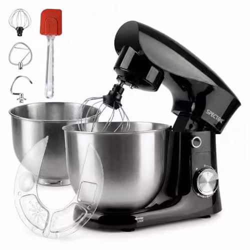 Spector 1500W Tilt-Head Electric Stand Mixer in Black with 5L and 4.5L Stainless Steel Bowls, 10-Speed Settings and Dough Hook, Whisk and Beater – 7