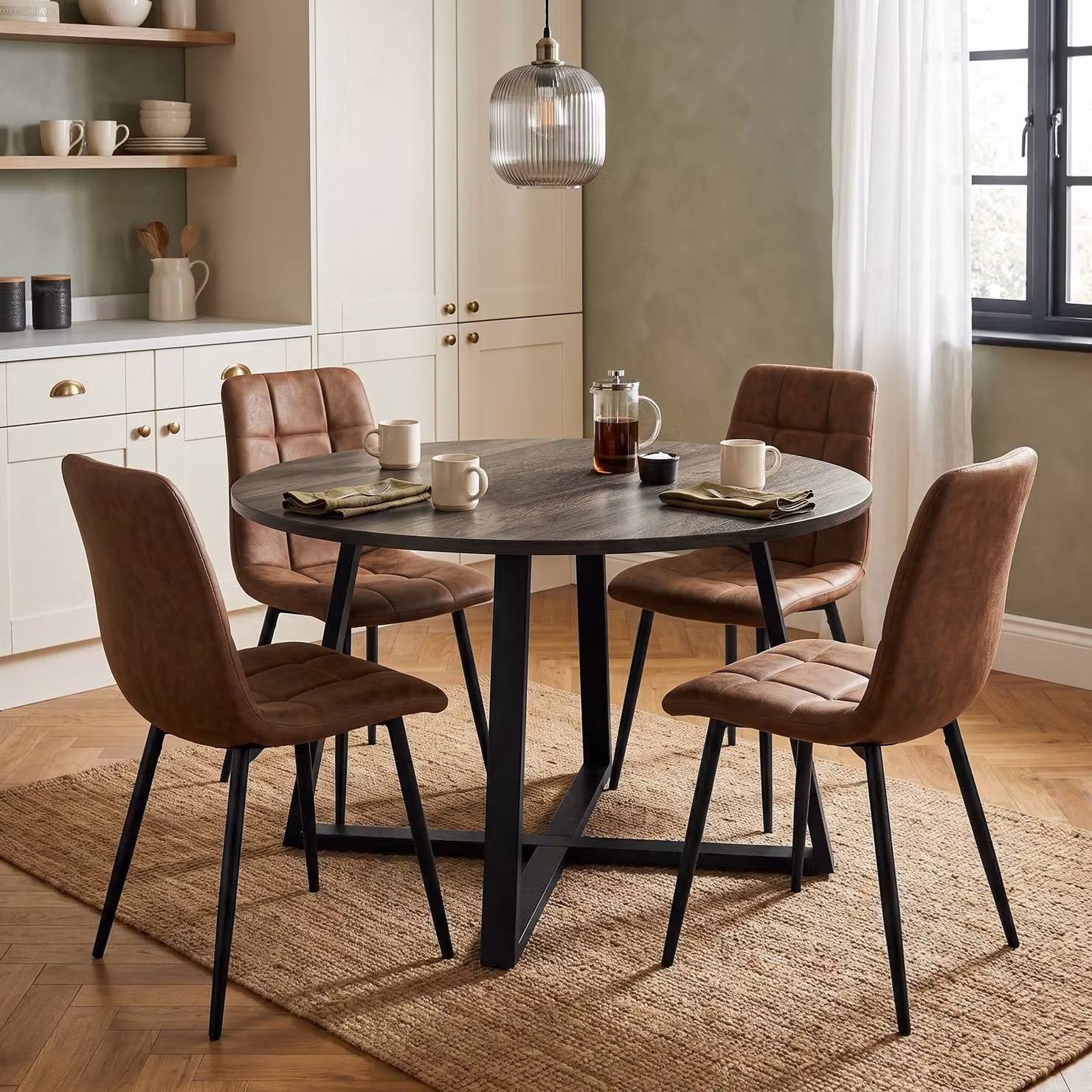 DHS Kyvon Round Dining Table Set with 4 Chairs in Brown and Black with Dark Wood Effect and Suede Leather, Diameter: 110 cm, Height: 75 cm