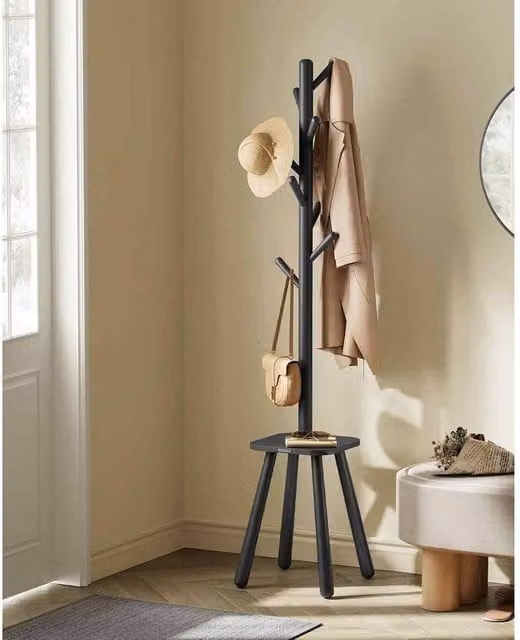 The Bazaarist Modern Hall Tree with Bench and 8 Hooks in Matt Black – 1