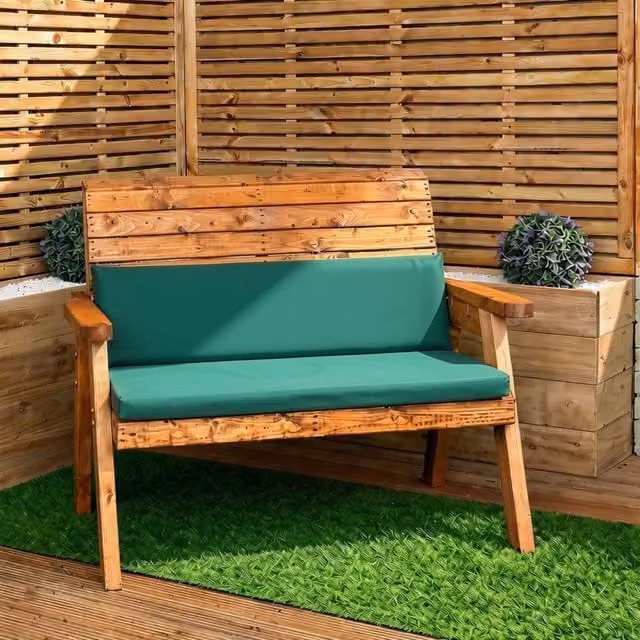 Samuel Alexander Hand Made 2 Seater Wooden Garden Bench with Green Cushions
