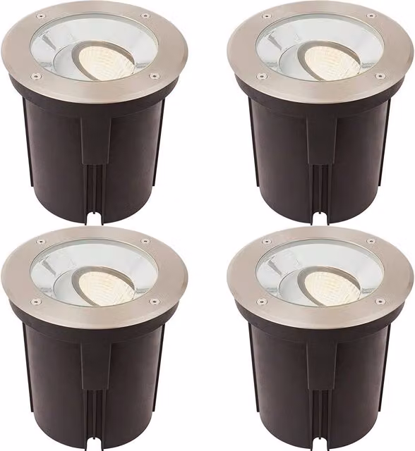 Loops 4 Pack Silver Stainless Steel IP67 Ground Recessed LED Garden Lights with Adjustable Tilting Heads and Warm White Light – 1