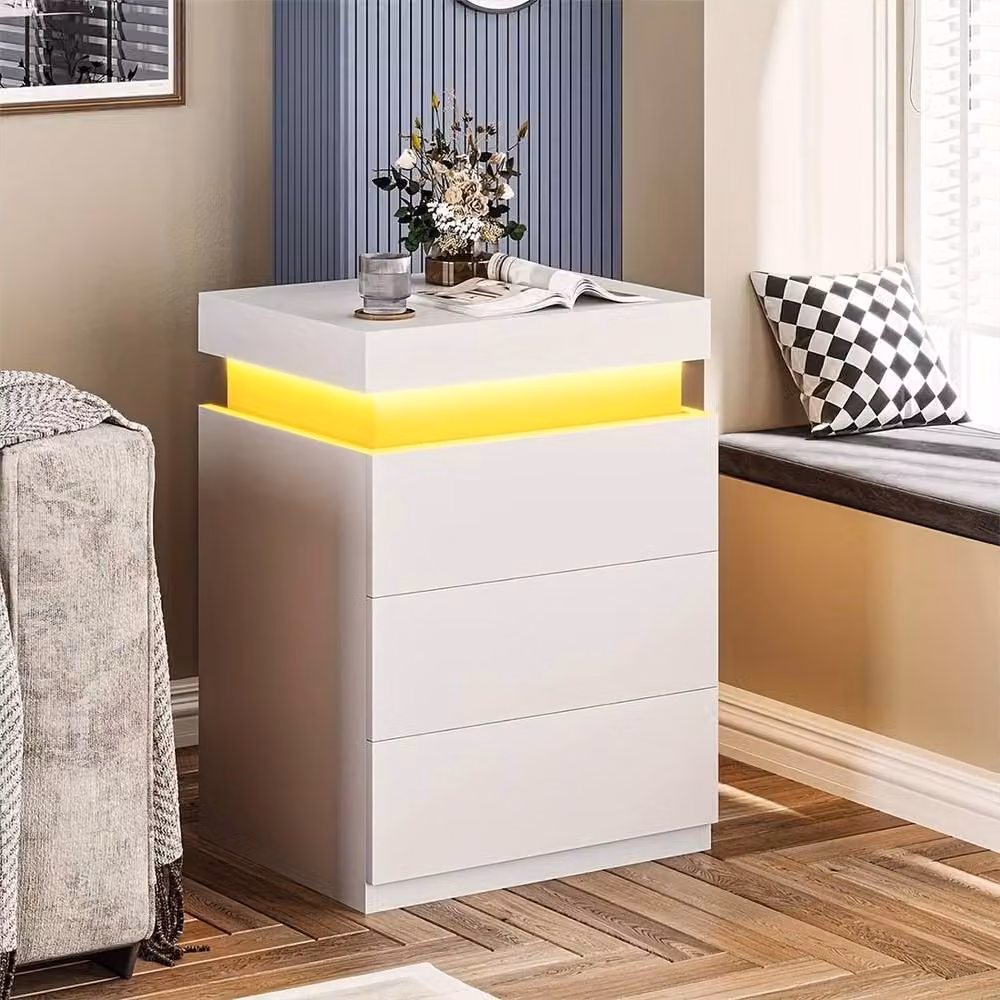 Ventryn White High Gloss Bedside Table with RGB LED Lighting and 3 Drawers – 4