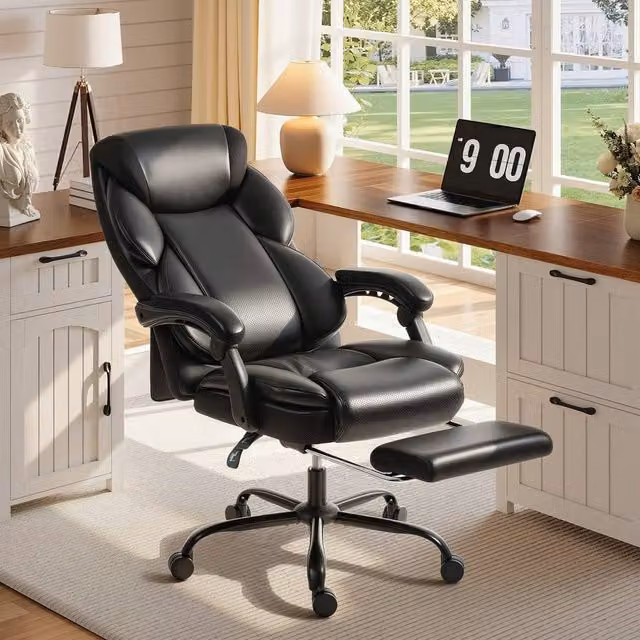 HOMCOM Black PU Leather Reclining Office Chair with Footrest, Armrests and Headrest
