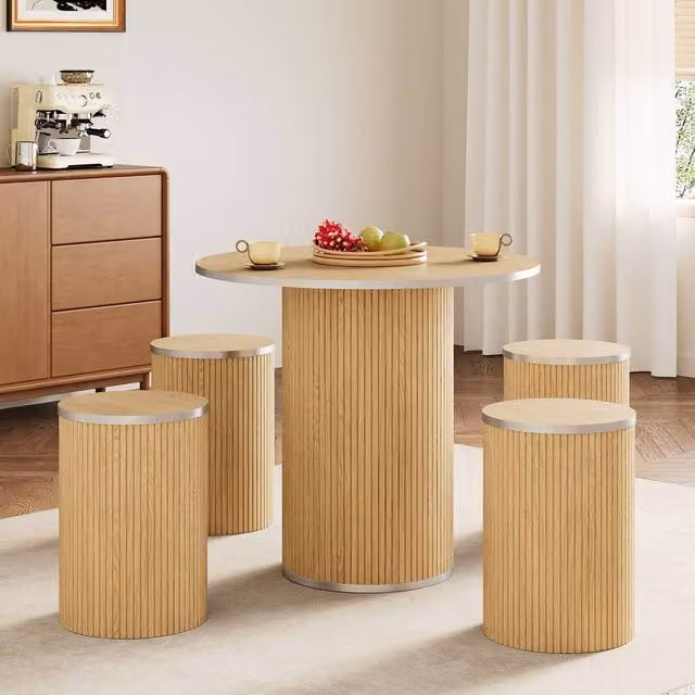 Dprodo Modern Round Dining Table and 4 Chairs Set in Light Oak Finish, Diameter: 80 cm – 1