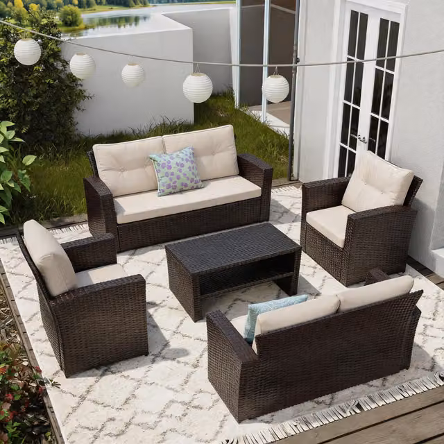 Furniture One 6 Seater Brown Polyrattan L-Shape Garden Furniture Set with Coffee Table and Upholstered Cushions