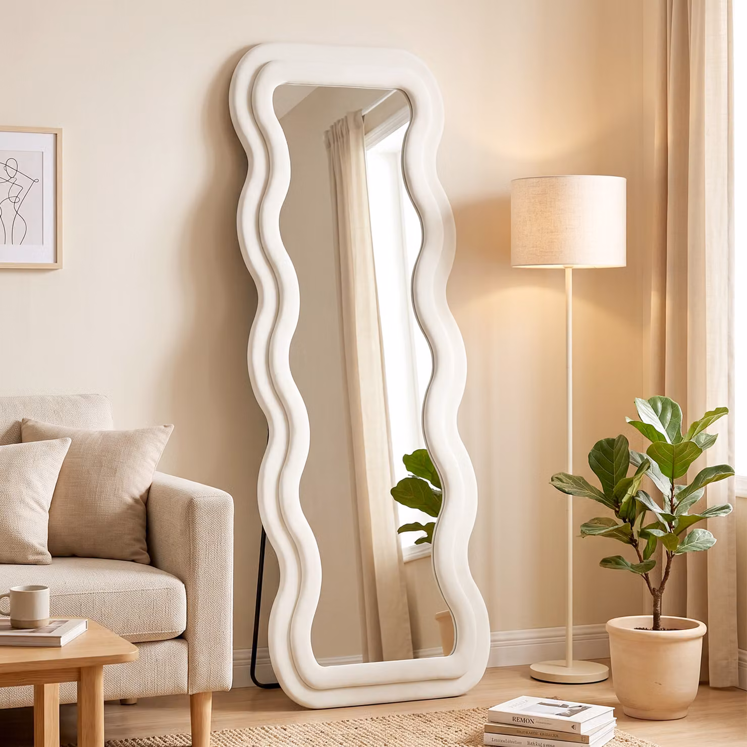 HOMCOM Wavy Full Length Mirror in White with Velvet Frame and Tempered Glass, W: 60 cm, H: 160 cm – 2