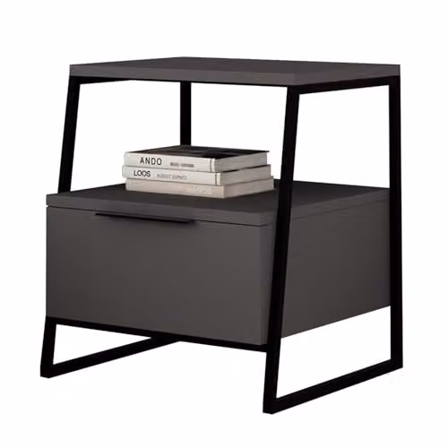 FWStyle Modern Grey 1 Door Bedside Table with Open Shelf and Black Metal Frame, W/D/H: 40.9 x 45 x 50 cm – 3