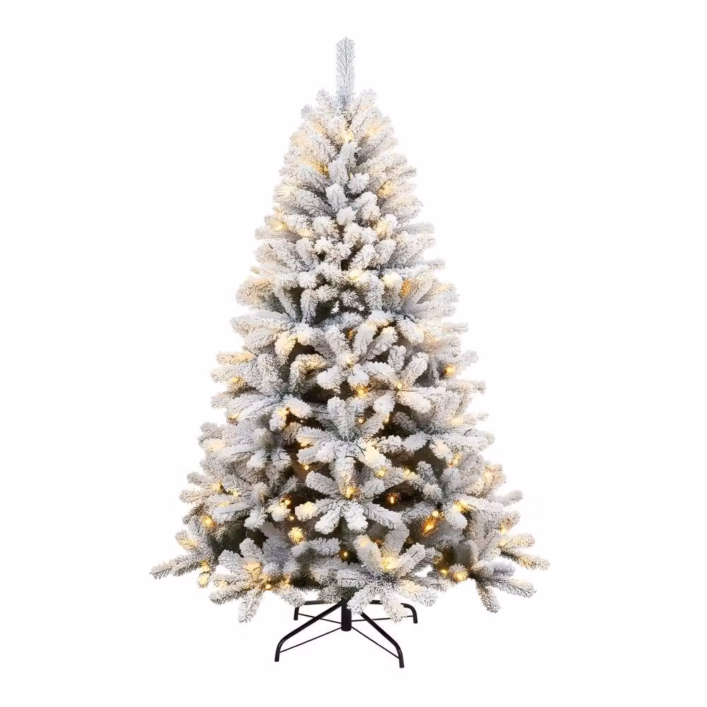 Shatchi 5ft Pre-Lit Yukon Snow Pine Christmas Tree with 130 Warm White LEDs in Green and White – 3
