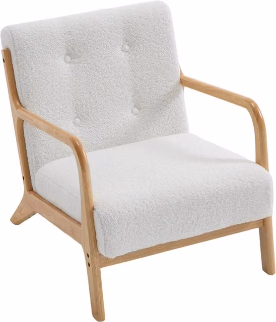 Lifeideas Mid Century Modern White Bouclé Fabric Armchair Lounge Chair with Armrests and Wood Frame