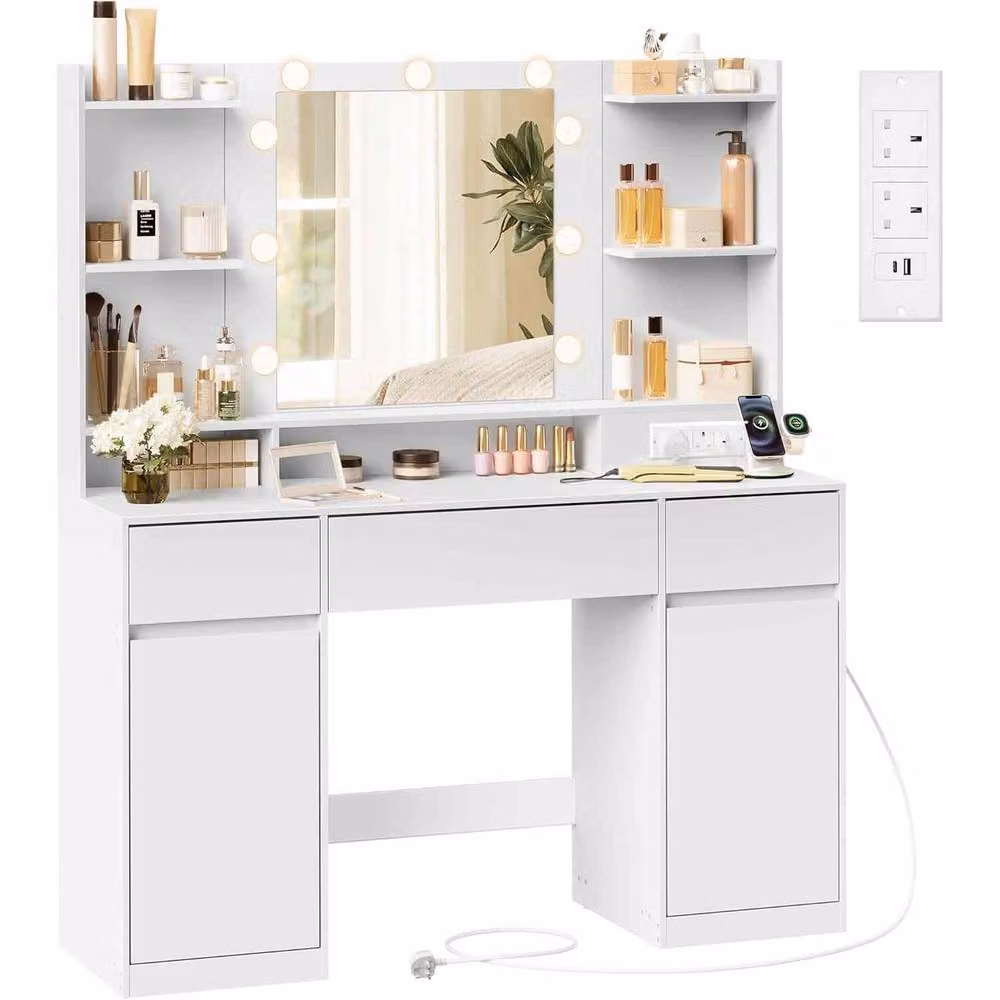 The Bazaarist Makeup Vanity with Hollywood LED Mirror, 2 Cabinets and Power Outlet, White, W: 144.0 cm, D: 107.0 cm, H: 47.0 cm (not specified, but using provided values) - Wait, the dimensions provided are 144.0 and 107.0. Since only two values are provi – 2