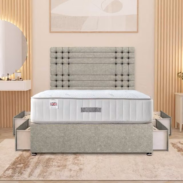 Somnior Beds Ltd Saville Linen Divan Bed Set with 32 inch Headboard and Orthopaedic Mattress, Green, W/D/H: 200 x 200 cm
