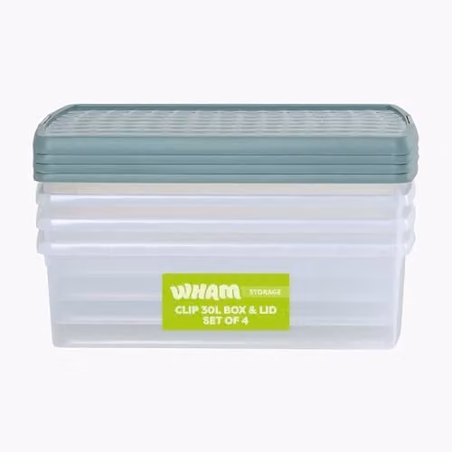 Wham 4 x 30L Rectangular Stackable Plastic Storage Boxes with Lids, Transparent/Green